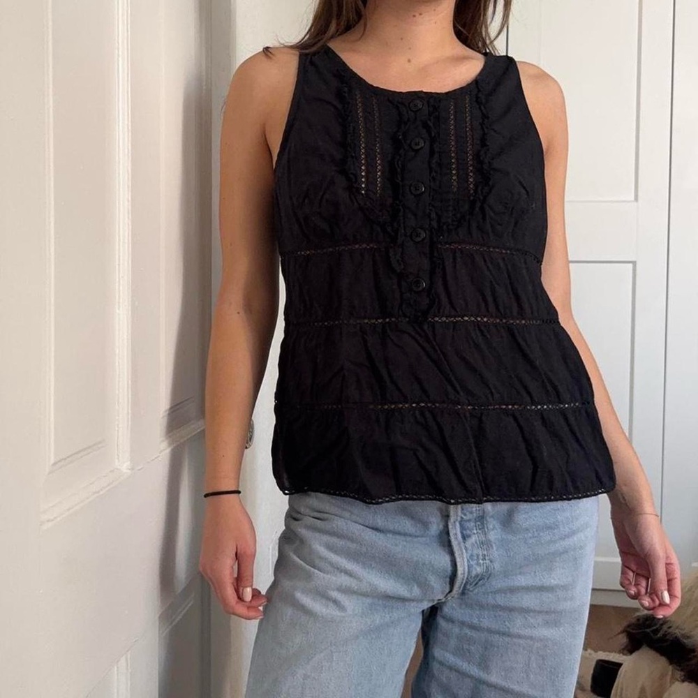 Vintage Y2K Black Cotton Tank Top with Ruffles